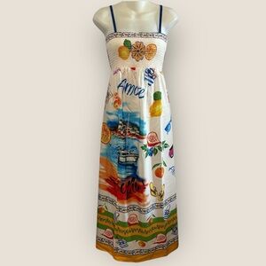 Lemon Print Smocked Maxi Dress Italian Coastal Summer Style Small NWT